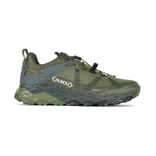 profilo laterale delle scarpe da escursionismo veloce Aku modello flyrock gtx verde grigio