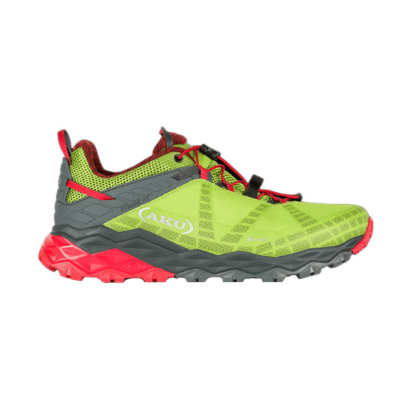 profilo laterale delle scarpe da escursionismo veloce Aku modello flyrock gtx lime rosso